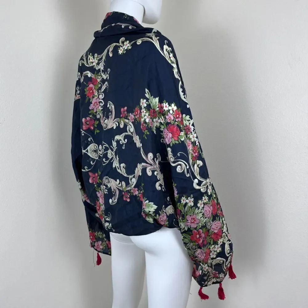 Johnny Was Size M Silk Tassel Wide Flared Sleeve Floral Mococo Boho Shrug Poncho